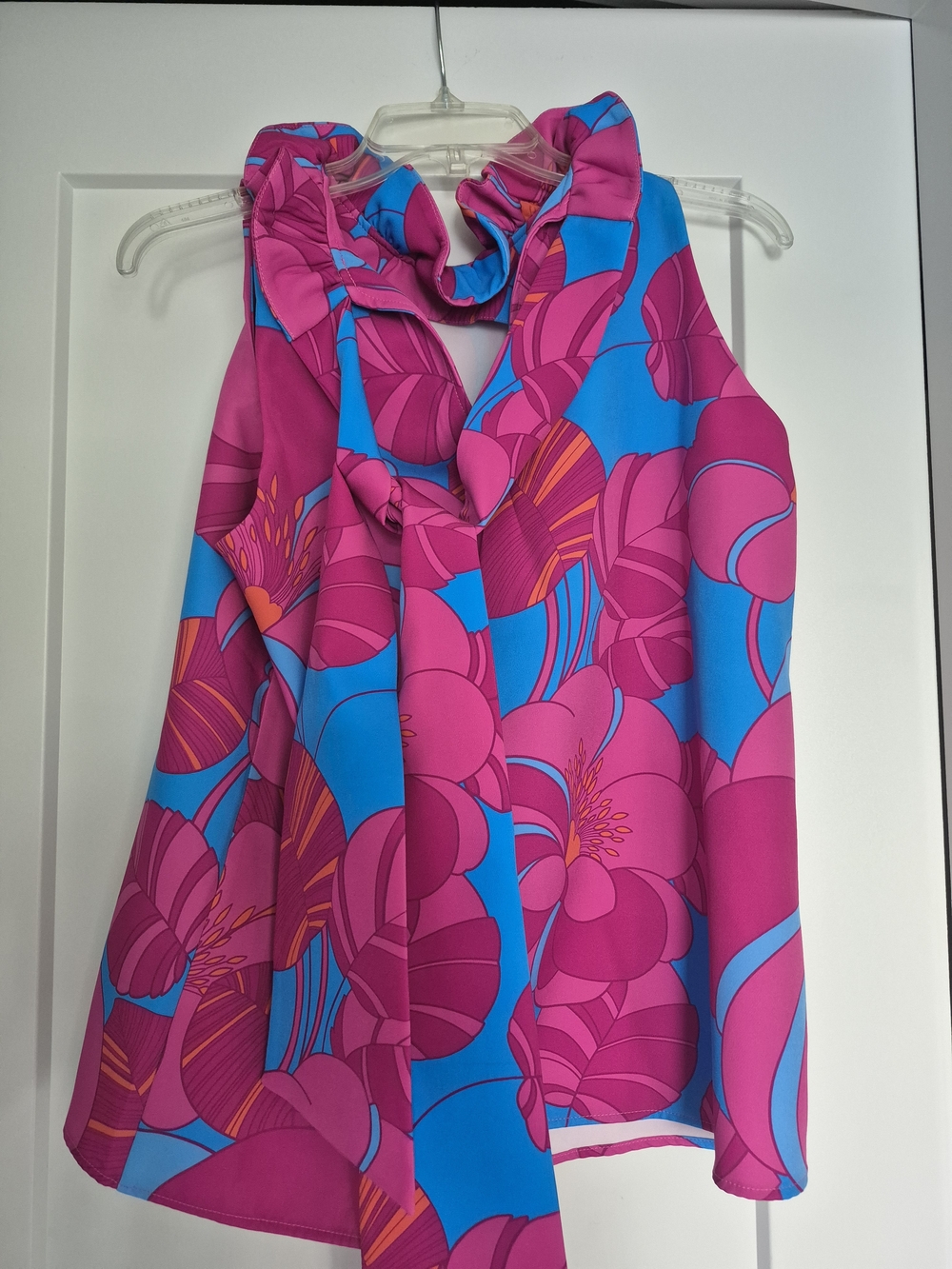 Tuckernuck Pink and Blue Floral Ruffle Neck Sleeveless Top - Picture 2 of 4